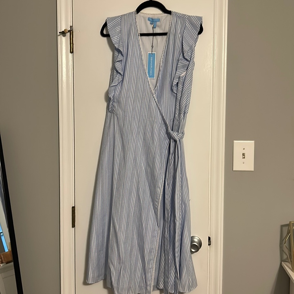 Draper James embroidered stripe flounce wrap dress
